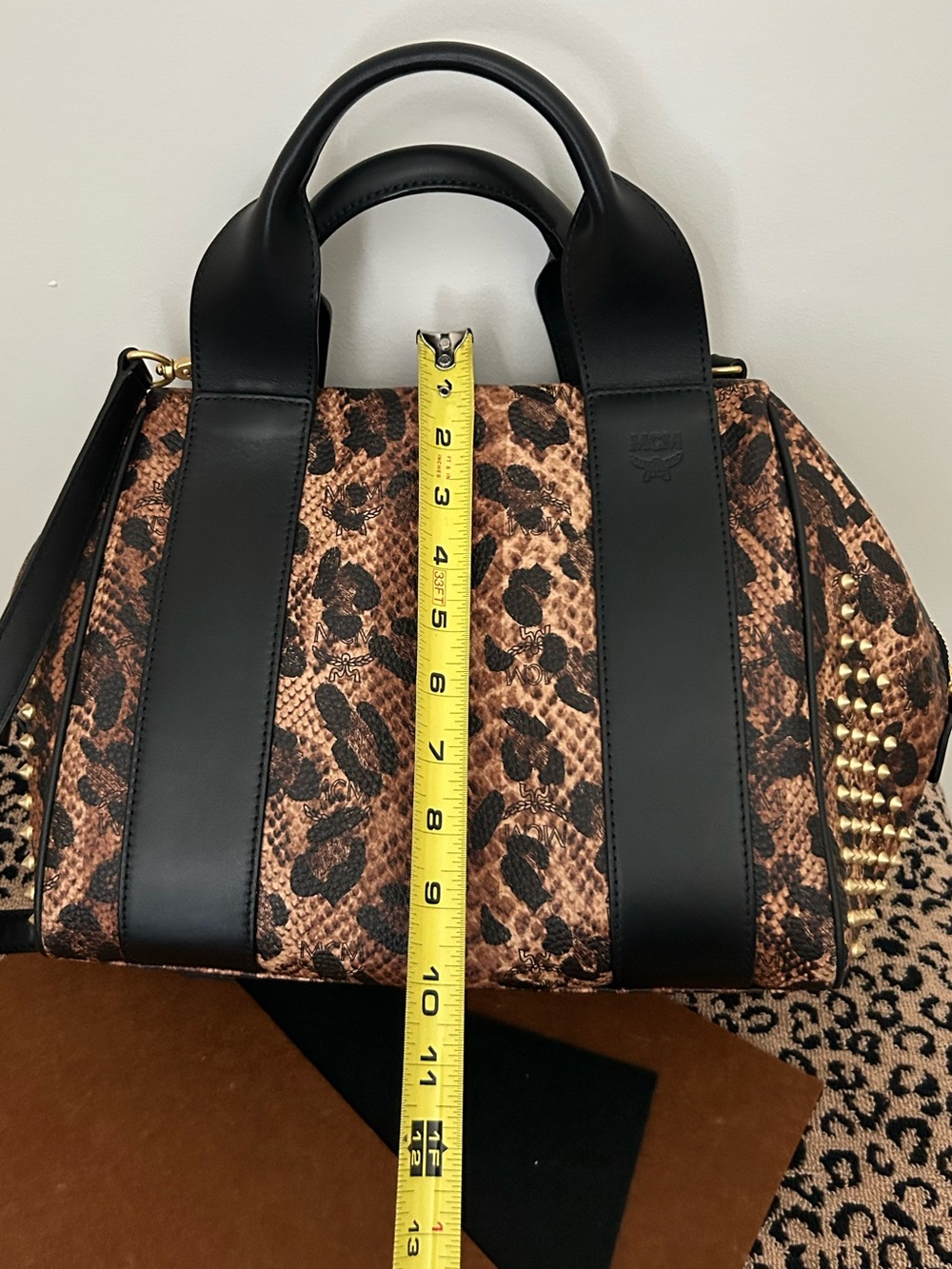 MCM Authentic Leopard Print Studded Clean Keana Crossbody Boston Bag - Picture 6 of 10